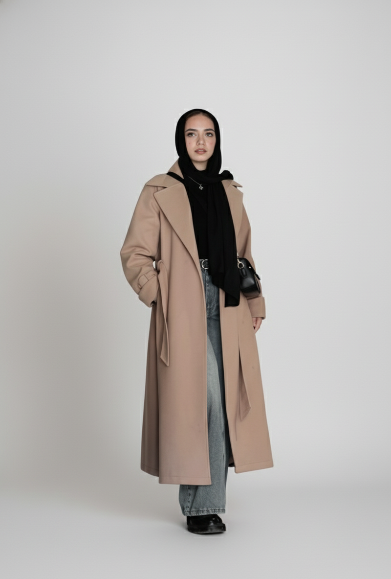 Elegant Winter Overcoat Beige Color with Belt