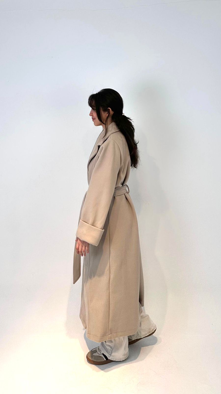 Elegant Winter Overcoat Greige Color with Belt