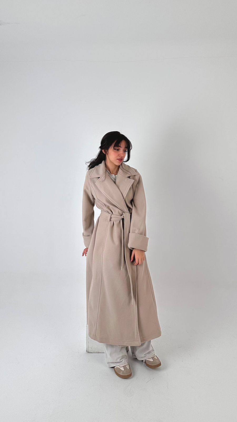 Elegant Winter Overcoat Greige Color with Belt
