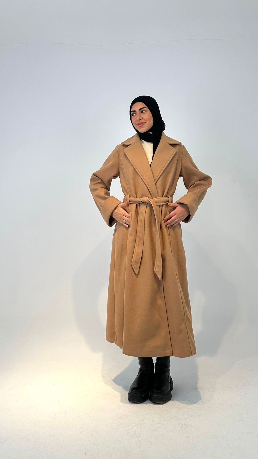 Elegant Winter Overcoat Camel Color with Belt